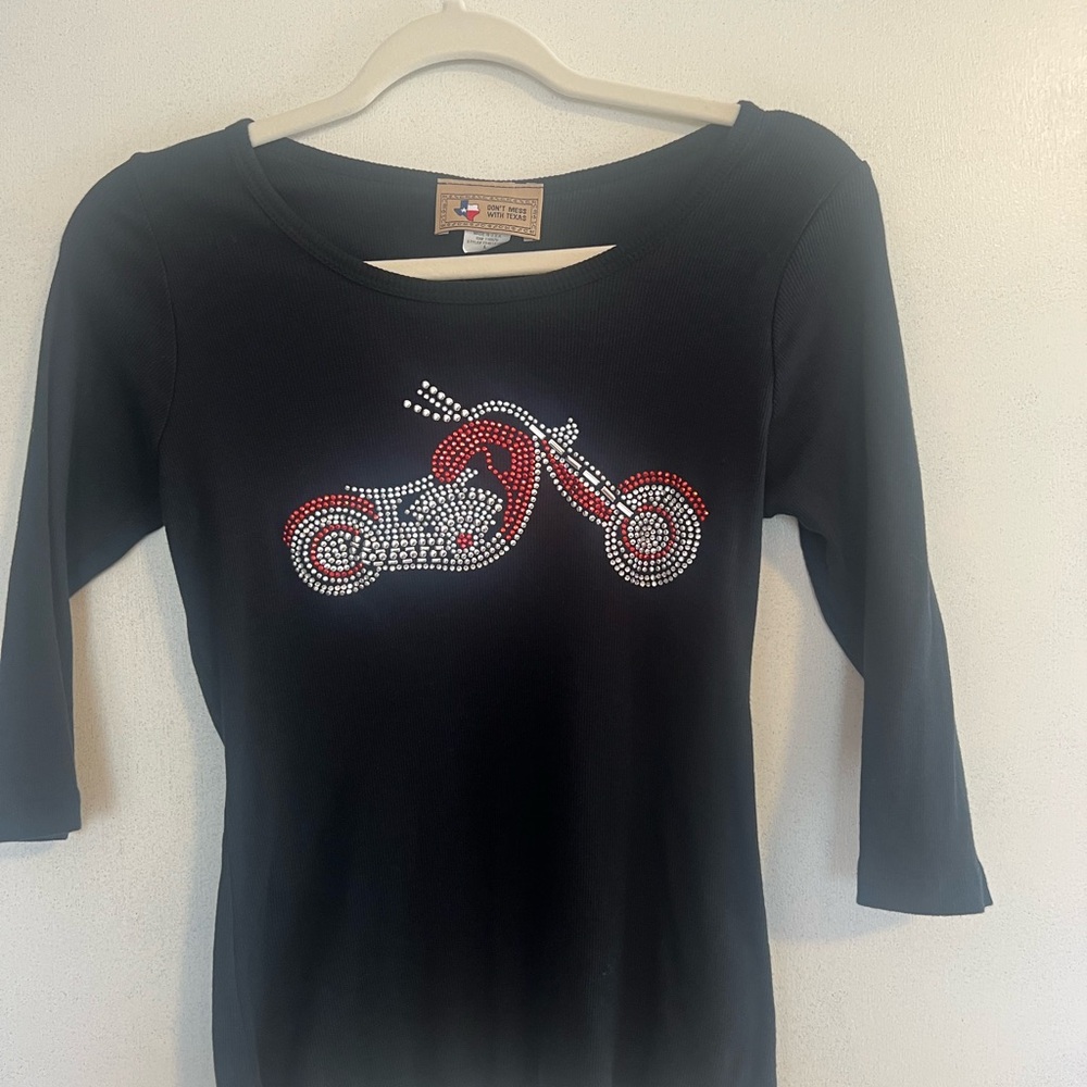 Embellished Black Long Sleeve Top with Motorcycle Design